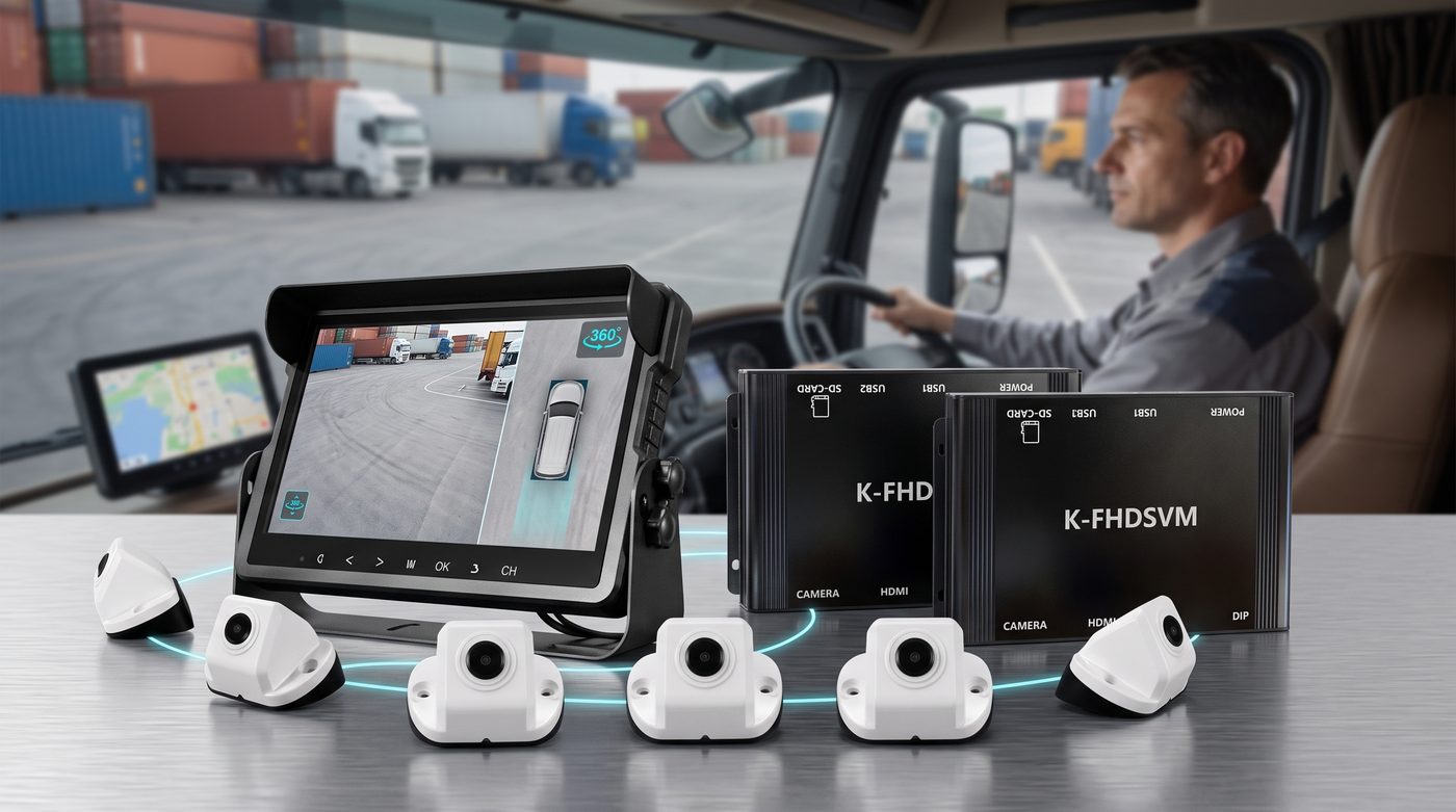 KADEA surround-view system shown in a commercial-vehicle cab with 360-degree view