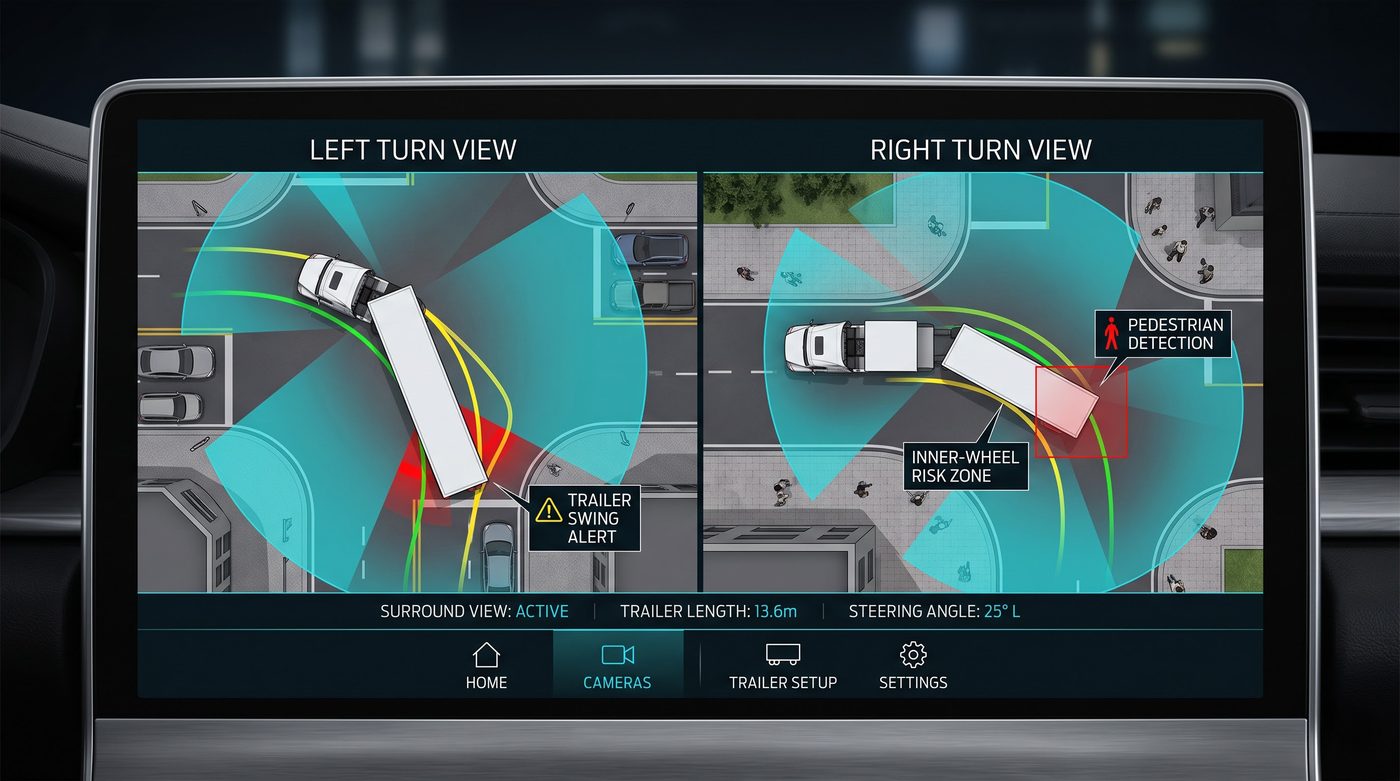 KADEA in-cab monitor showing articulated-vehicle multi-camera surround view