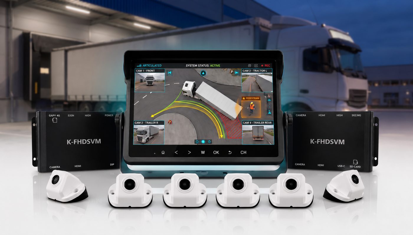Left-turn and right-turn views with trailer-swing and pedestrian-detection alerts