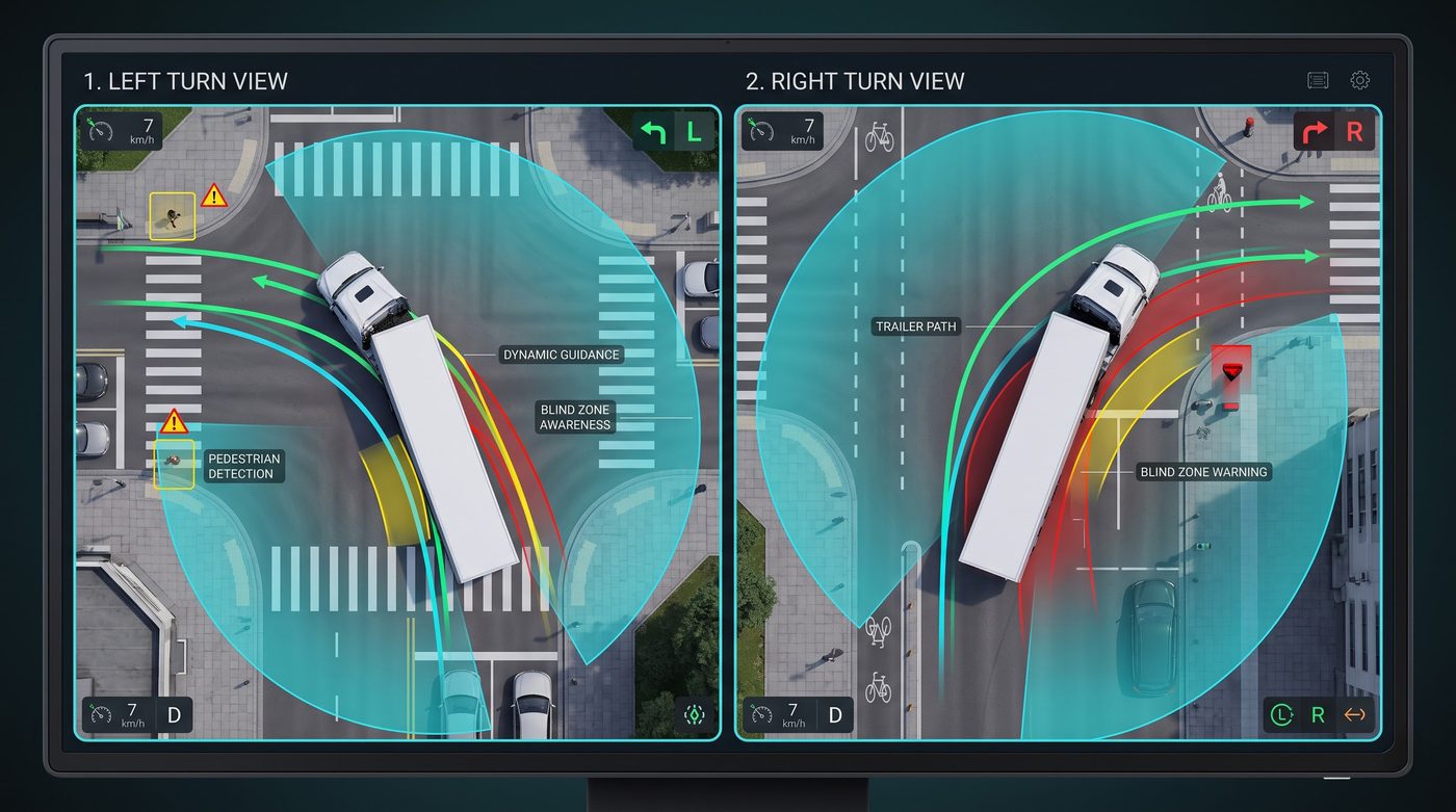 Left and right turn views with dynamic guidance and blind-zone warnings