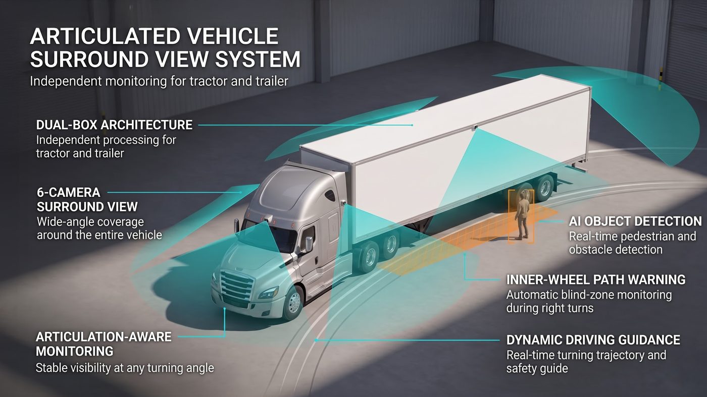 Articulated-vehicle surround-view system diagram: dual-box, 6-camera, AI detection