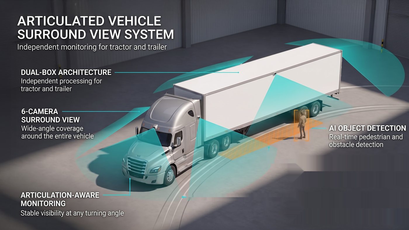 KADEA Tandem Vision articulated-vehicle surround-view system: dual-box architecture, 6-camera coverage, AI object detection